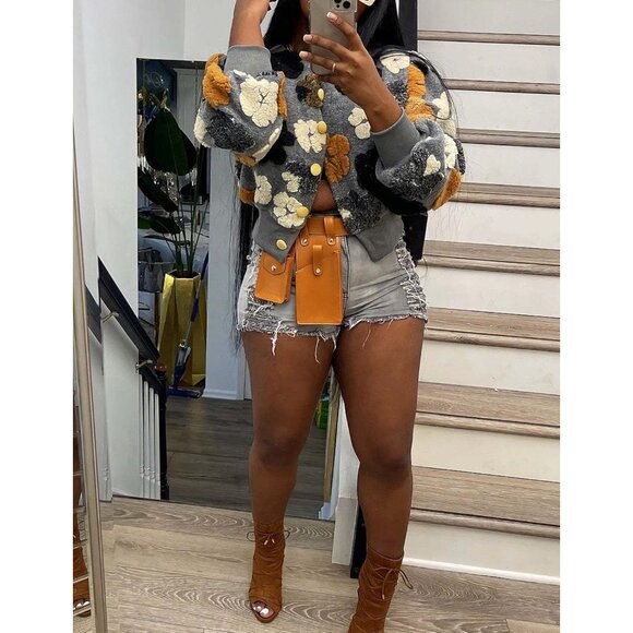 Women's Floral Fleece Bomber Jacket Small Casual Cropped Outerwear - Picture 2 of 7